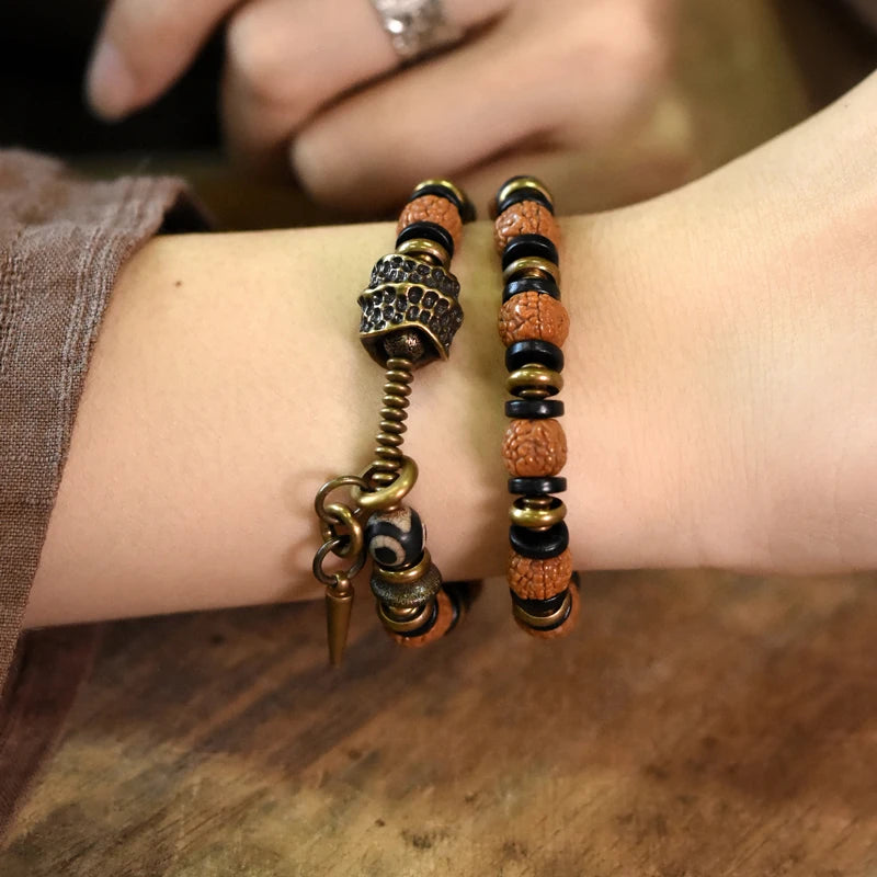 Bracelet Multirang Rudraksha, Ébène et Laiton – Porte-Bonheur Unisexe