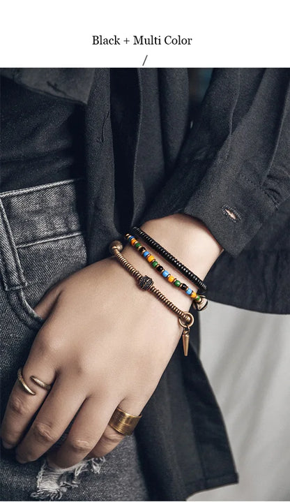 Bracelet Tibétain Perle Dzi, Ébène et Verre Coloré – Vajra en Cuivre Martelé