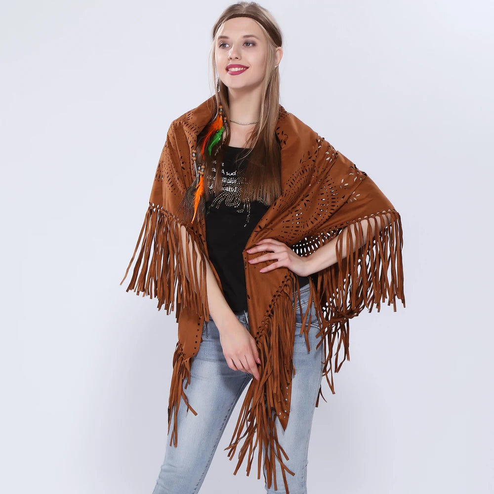 Poncho en Velours avec Franges - Élégance Bohème Chic