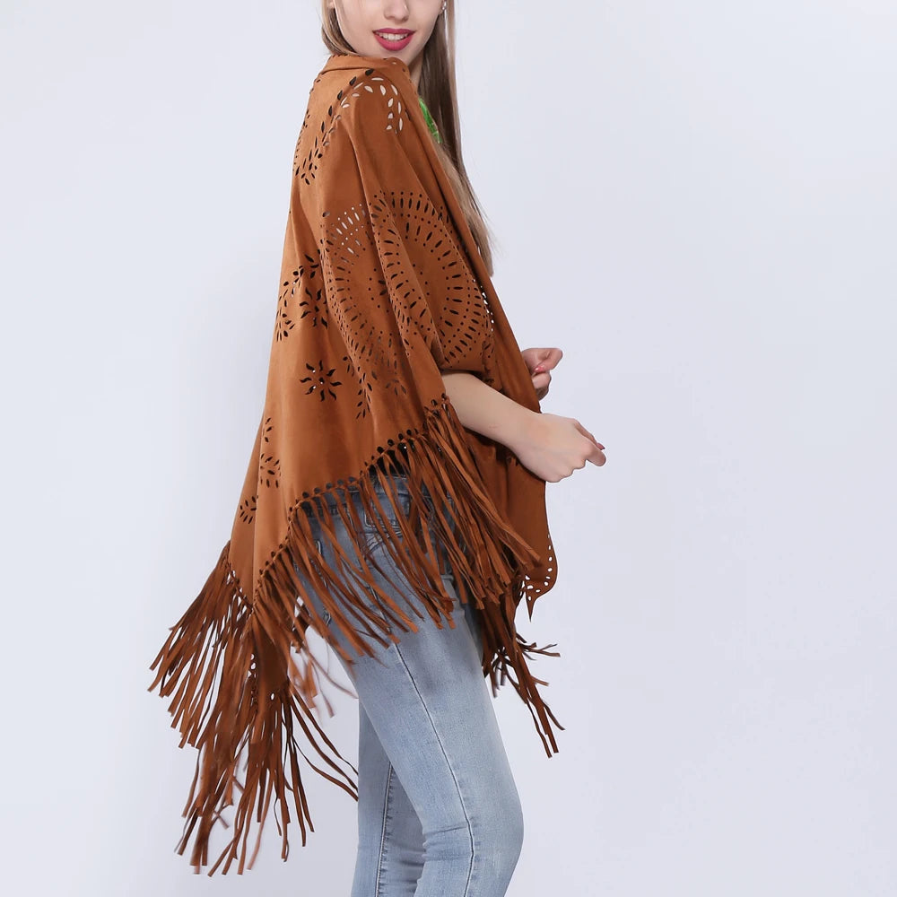 Poncho en Velours avec Franges - Élégance Bohème Chic