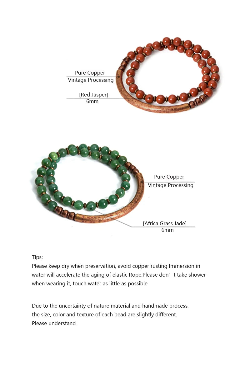 Bracelet Rétro Pierre Rouge ou Verte et Perles de Cuivre – Inspiration Afrique, Fait Main