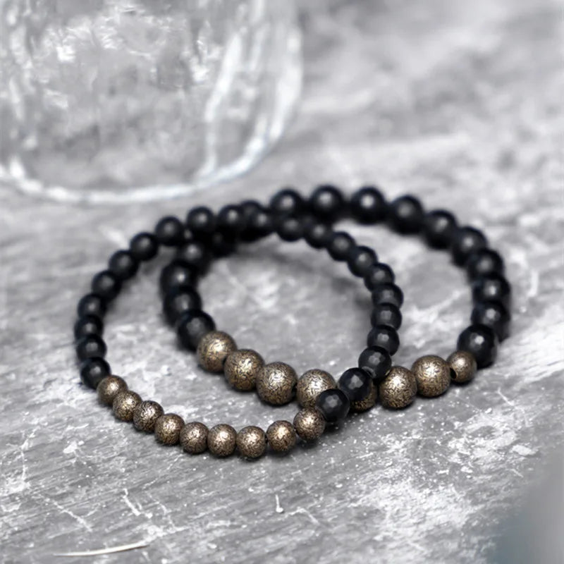 Bracelet Agate Noire Mate à Facettes et Laiton Vieilli – Homme et Femme