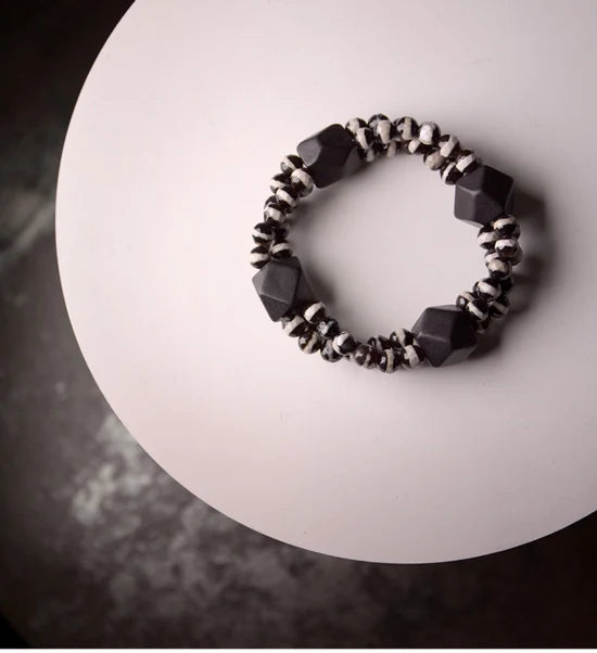 Bracelet Multirang Onyx Noir et Bois d'Ébène – Style Géométrique, Homme et Femme