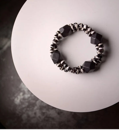 Bracelet Multirang Onyx Noir et Bois d'Ébène – Style Géométrique, Homme et Femme