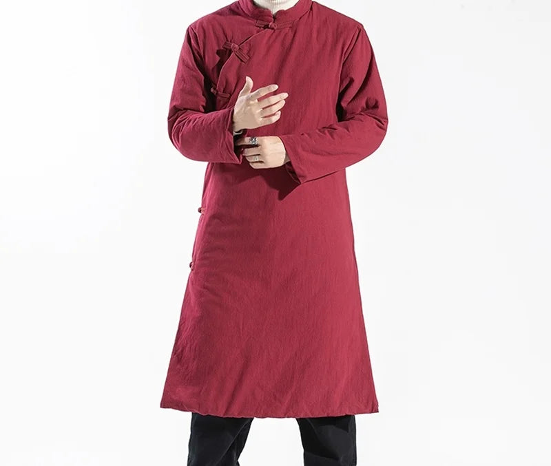 Manteau Long Style Chinois Bleu Homme - Hanfu Jacket Hiver Asymétrique