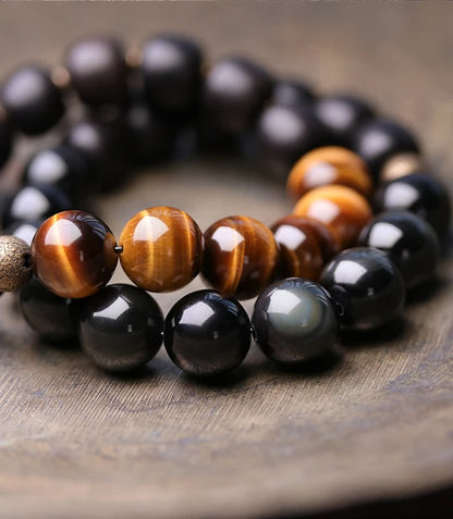 Bracelet Oeil de Tigre Doré ou Obsidienne Arc-en-Ciel – Perles de Bois et Métal Martelé