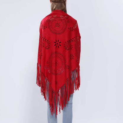 Poncho en Velours avec Franges - Élégance Bohème Chic