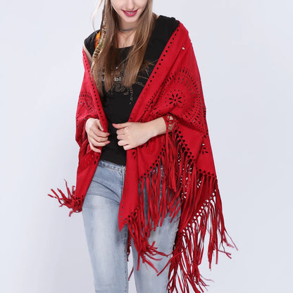 Poncho en Velours avec Franges - Élégance Bohème Chic