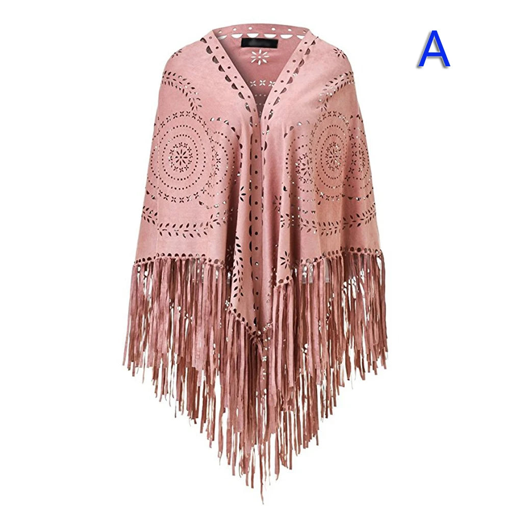 Poncho en Velours avec Franges - Élégance Bohème Chic