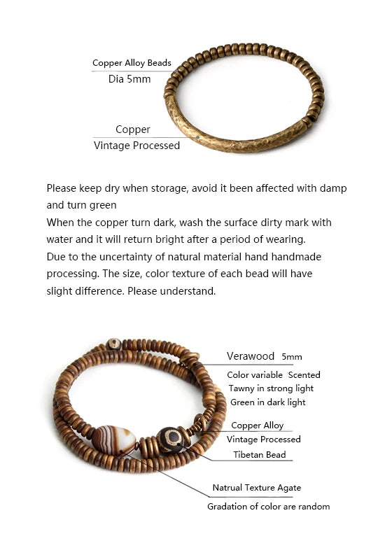 Bracelet Multirang Bois de Vera et Sardonyx – Perles Tibétaines en Cuivre Vieilli
