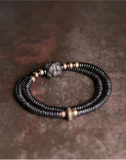 Bracelet Double Rang Ébène Sculptée et Cuivre Vieilli – Style Rock Unisexe