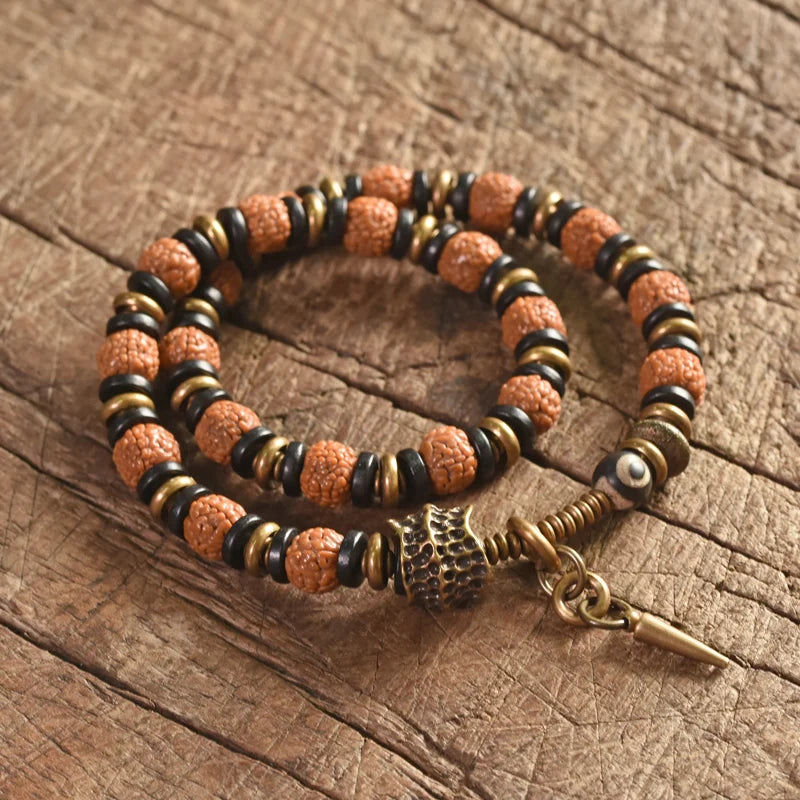 Bracelet Multirang Rudraksha, Ébène et Laiton – Porte-Bonheur Unisexe