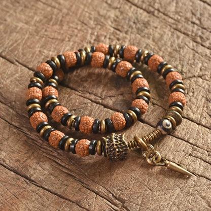 Bracelet Multirang Rudraksha, Ébène et Laiton – Porte-Bonheur Unisexe