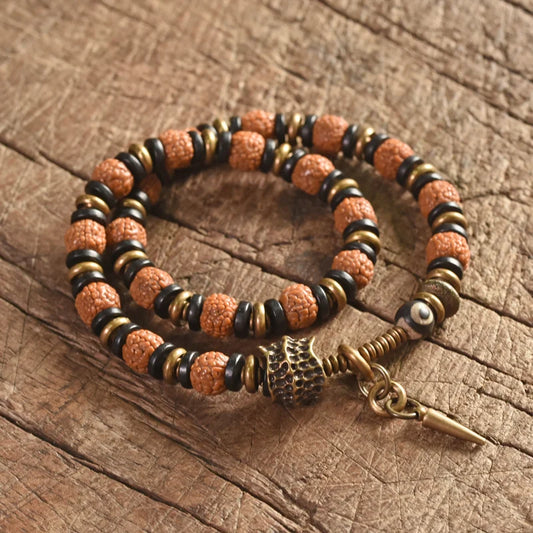 Bracelet Multirang Rudraksha, Ébène et Laiton – Porte-Bonheur Unisexe