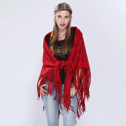 Poncho en Velours avec Franges - Élégance Bohème Chic