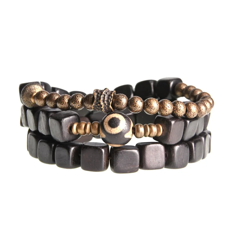 Lot de 2 Bracelets Ébène et Cuivre Martelé Oxydé – Parure Homme et Femme