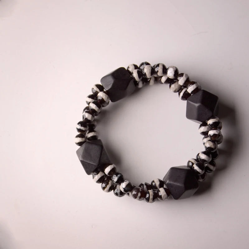 Bracelet Multirang Onyx Noir et Bois d'Ébène – Style Géométrique, Homme et Femme