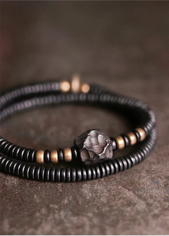 Bracelet Double Rang Ébène Sculptée et Cuivre Vieilli – Style Rock Unisexe