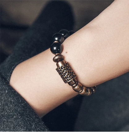 Bracelet Obsidienne Oeil Céleste et Laiton Martelé – Bicolore, Homme et Femme