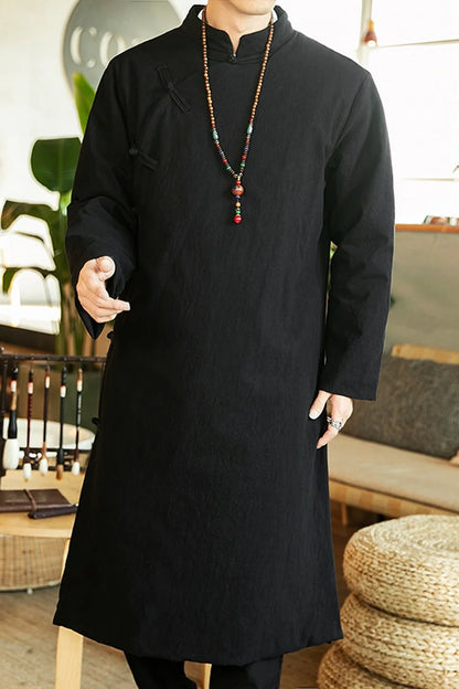 Manteau Long Style Chinois Bleu Homme - Hanfu Jacket Hiver Asymétrique