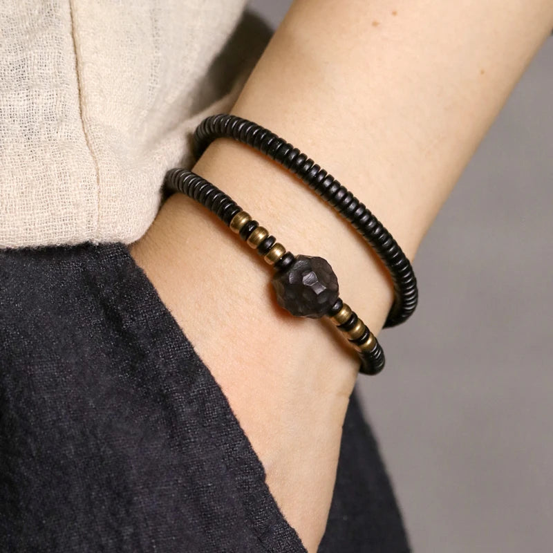 Bracelet Double Rang Ébène Sculptée et Cuivre Vieilli – Style Rock Unisexe