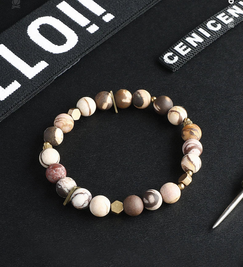 Bracelet Jaspe Zèbre, Jaspe Fleur ou Turquoise d'Afrique – Breloque en Cuivre