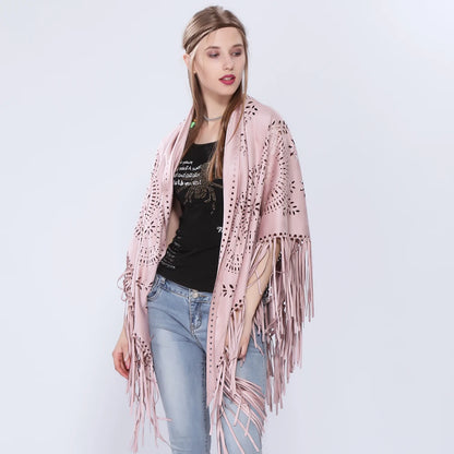 Poncho en Velours avec Franges - Élégance Bohème Chic