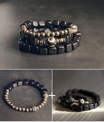 Lot de 2 Bracelets Ébène et Cuivre Martelé Oxydé – Parure Homme et Femme