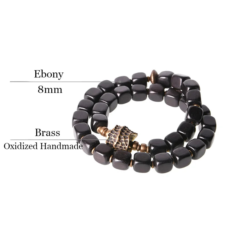 Bracelet Double Rang Ébène et Breloque en Cuivre Martelé Vieilli – Classique Homme et Femme