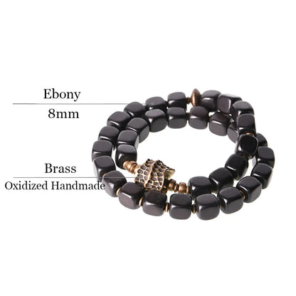Bracelet Double Rang Ébène et Breloque en Cuivre Martelé Vieilli – Classique Homme et Femme