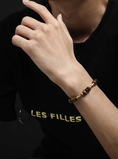 Bracelet Oeil de Tigre à Facettes ou Hornblende Noire – Breloque Bambou en Cuivre