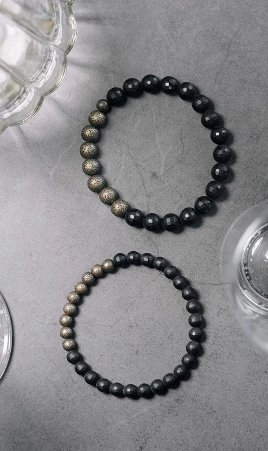 Bracelet Agate Noire Mate à Facettes et Laiton Vieilli – Homme et Femme
