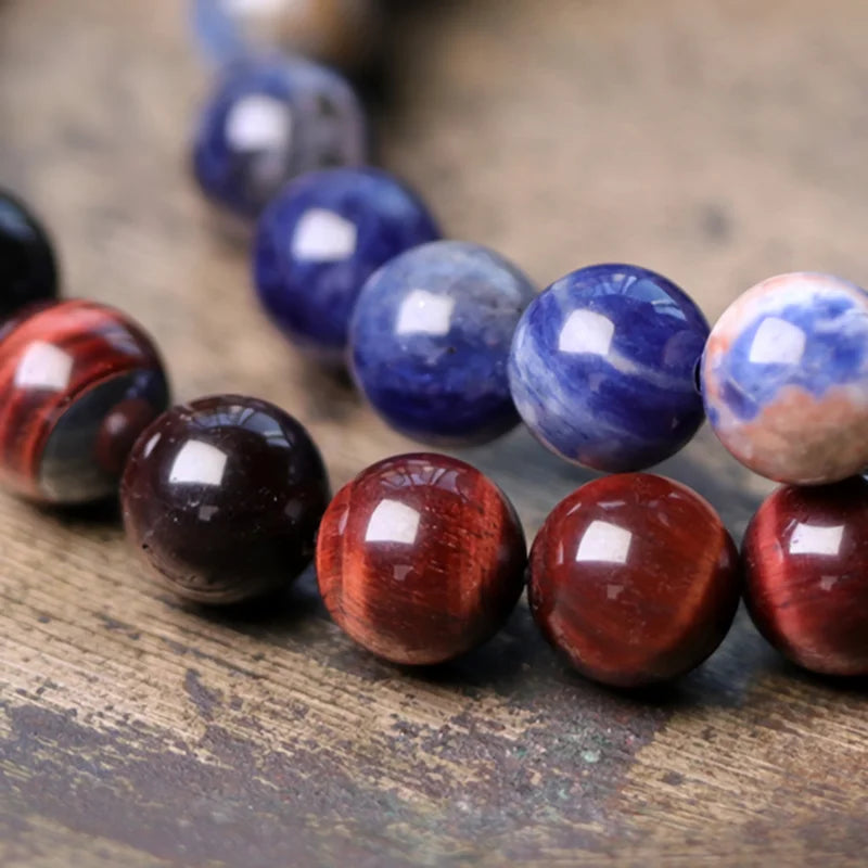 Bracelet Oeil de Tigre Rouge et Obsidienne 8 mm avec Vajra en Cuivre