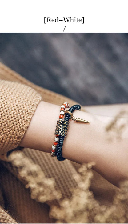 Bracelet Zen Double Rang Ébène et Pierres Colorées – Vajra en Laiton Martelé