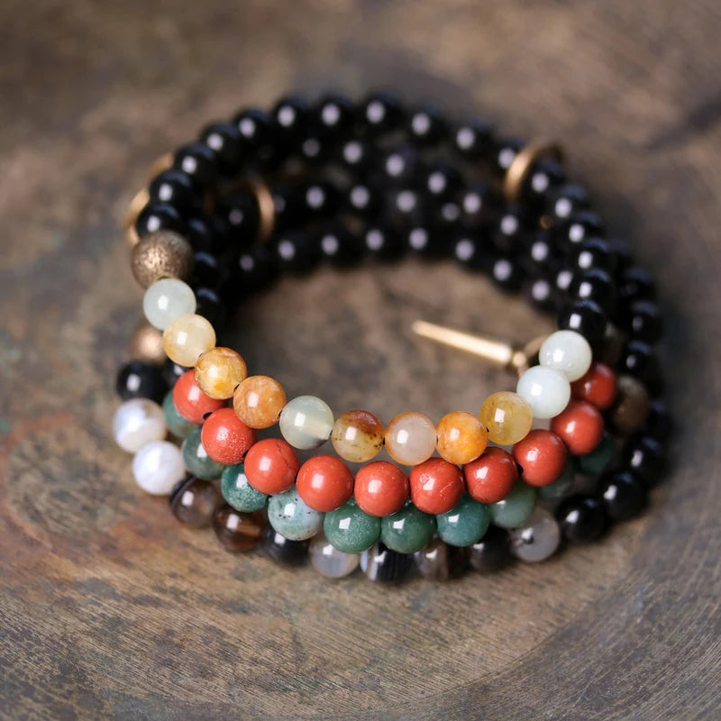 Bracelet Agate et Obsidienne Noire avec Vajra en Cuivre – 4 Pierres au Choix