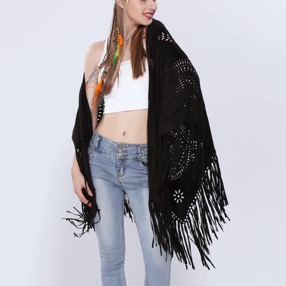 Poncho en Velours avec Franges - Élégance Bohème Chic