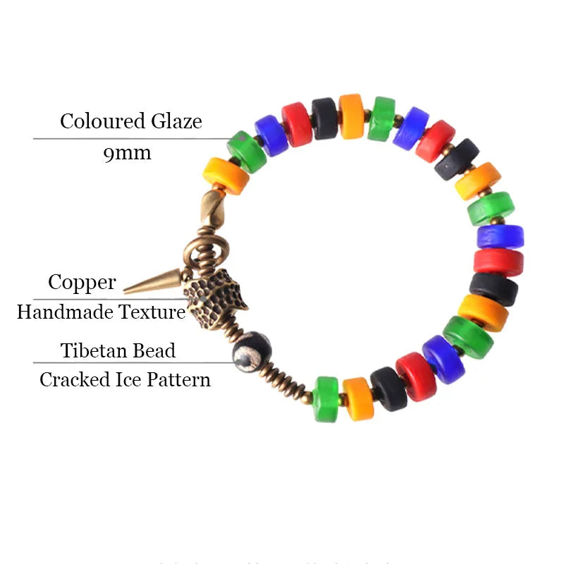Bracelet Verre Coloré et Perle Tibétaine – Breloque en Cuivre Travaillé Main, Unisexe