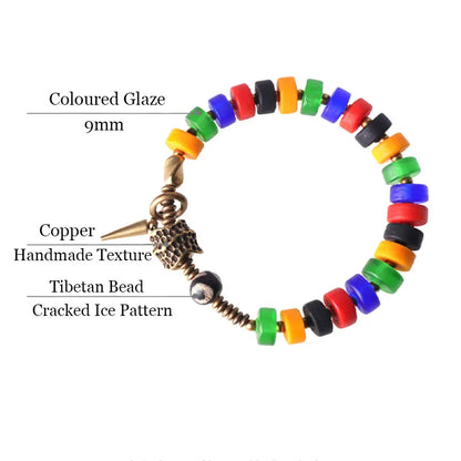 Bracelet Verre Coloré et Perle Tibétaine – Breloque en Cuivre Travaillé Main, Unisexe