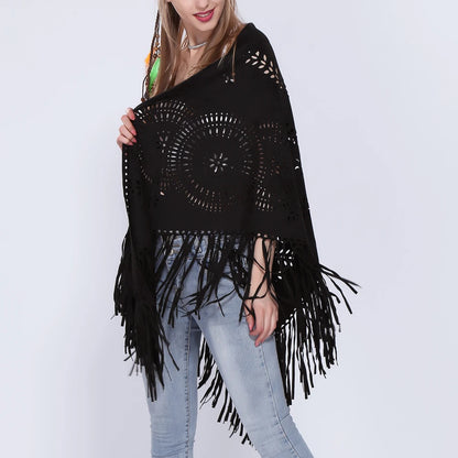 Poncho en Velours avec Franges - Élégance Bohème Chic