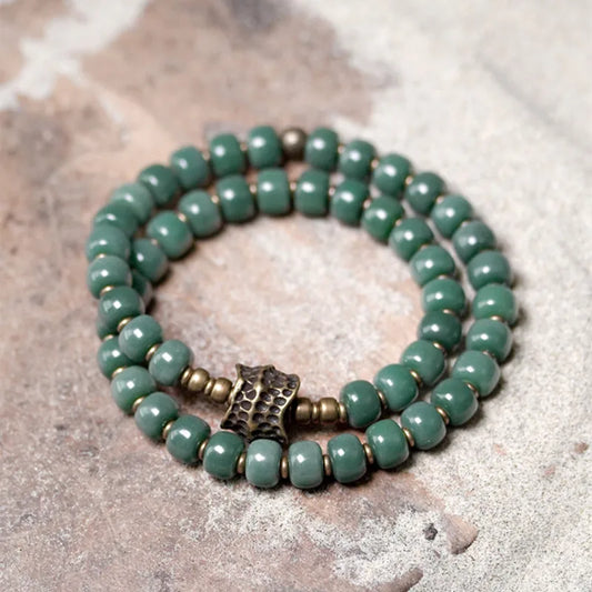 Bracelet Double Rang Graines Naturelles et Laiton – Porte-Bonheur à Offrir