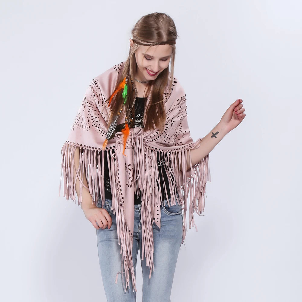 Poncho en Velours avec Franges - Élégance Bohème Chic