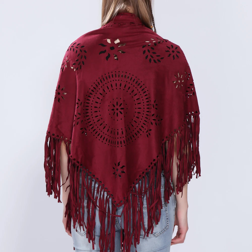 Poncho en Velours avec Franges - Élégance Bohème Chic