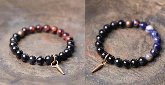 Bracelet Oeil de Tigre Rouge et Obsidienne 8 mm avec Vajra en Cuivre