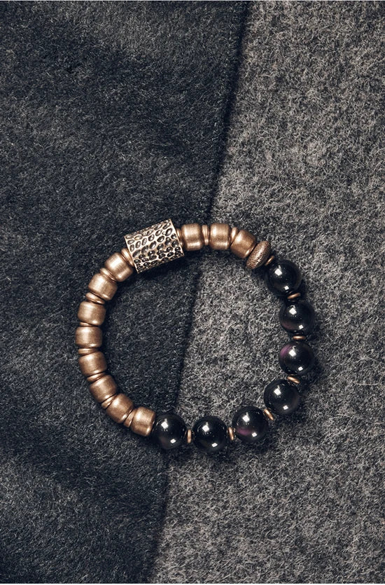 Bracelet Obsidienne Oeil Céleste et Laiton Martelé – Bicolore, Homme et Femme