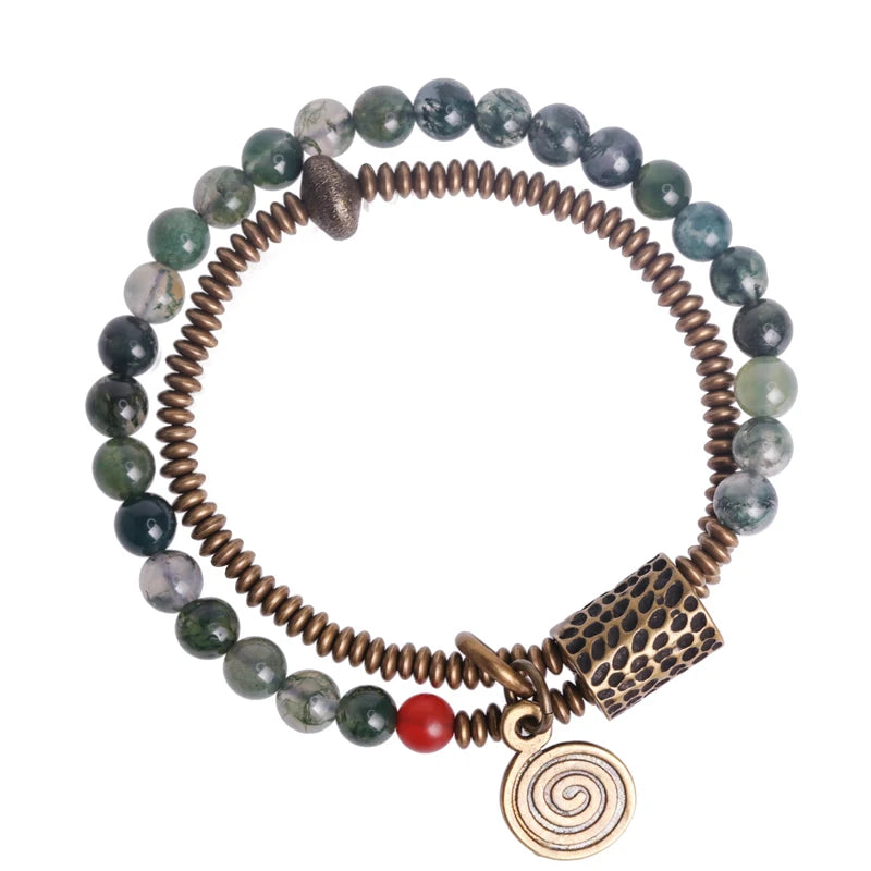 Bracelet Bohème Jade Mousse Double Rang et Breloque en Cuivre Martelé – Jusqu'au 22 cm