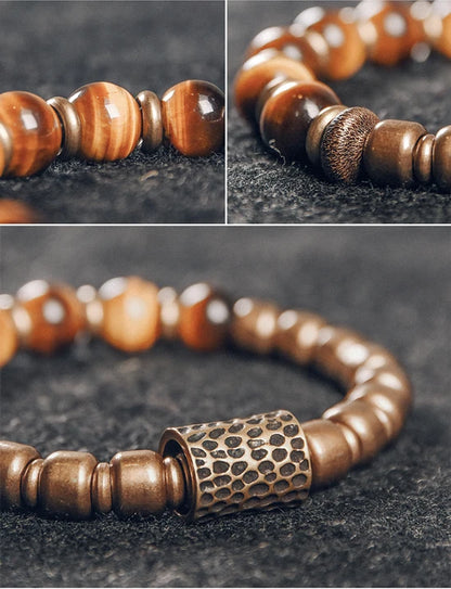 Bracelet Oeil de Tigre Doré et Breloque en Laiton Martelé – Bicolore, Homme et Femme