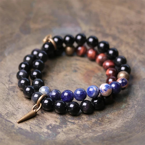 Bracelet Oeil de Tigre Rouge et Obsidienne 8 mm avec Vajra en Cuivre
