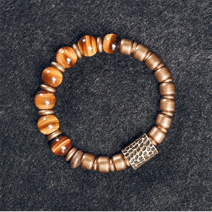 Bracelet Oeil de Tigre Doré et Breloque en Laiton Martelé – Bicolore, Homme et Femme