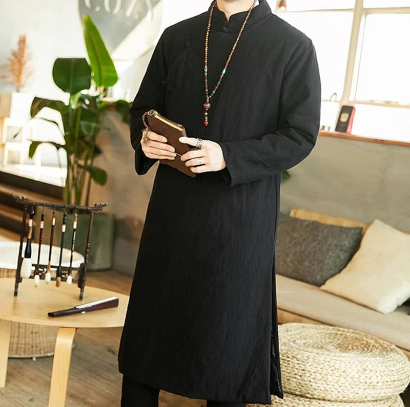 Manteau Long Style Chinois Bleu Homme - Hanfu Jacket Hiver Asymétrique