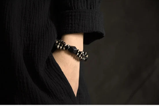 Bracelet Multirang Onyx Noir et Bois d'Ébène – Style Géométrique, Homme et Femme
